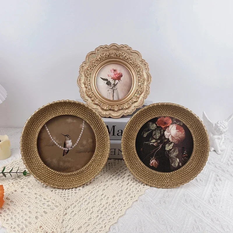 French American classical retro golden round picture frame resin picture frame living room bedroom decoration oil painting