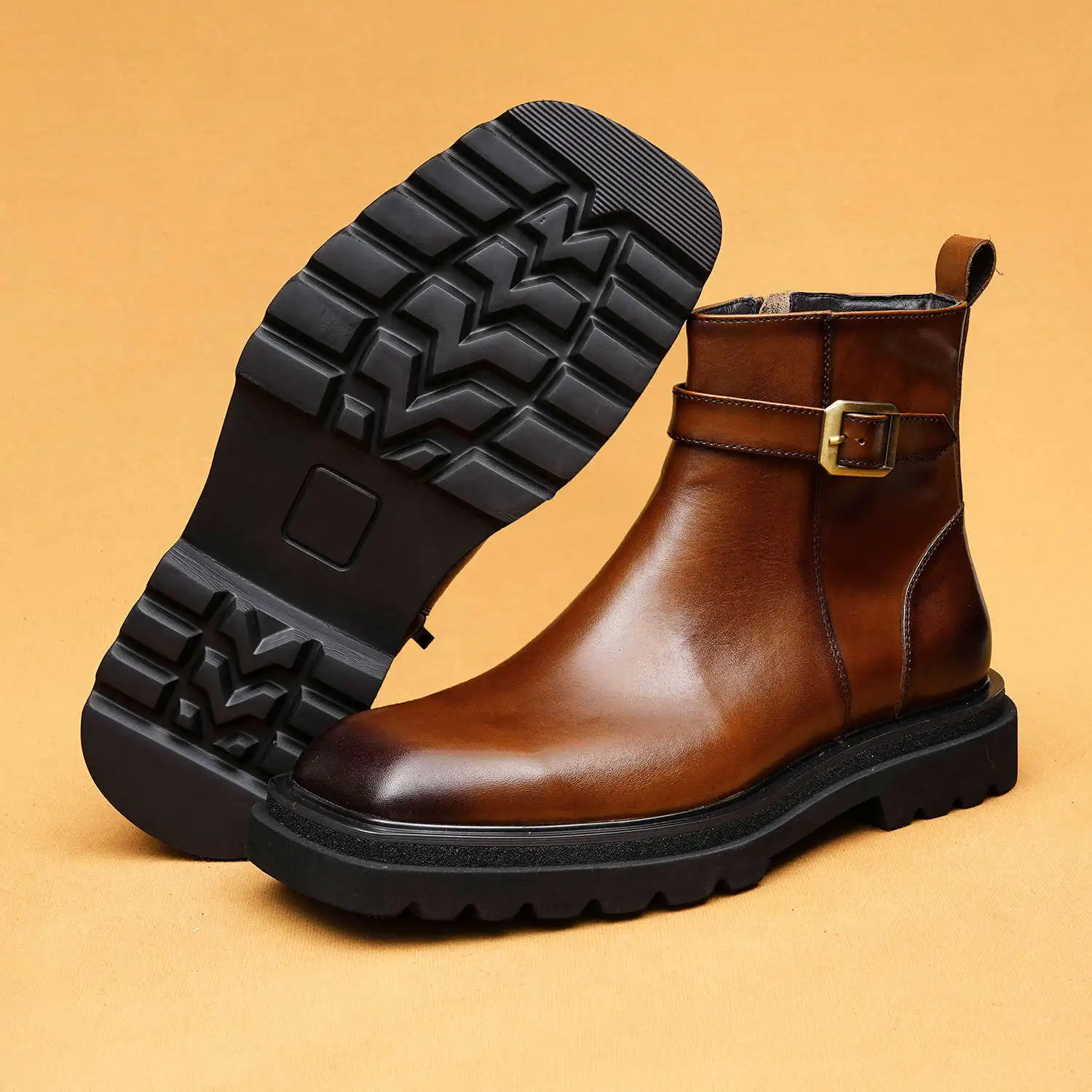 Men's Heeled Chelsea Boots, Genuine Leather Formal Ankle Boots with Metal Buckle, Large Size Business Dress High Top Shoes
