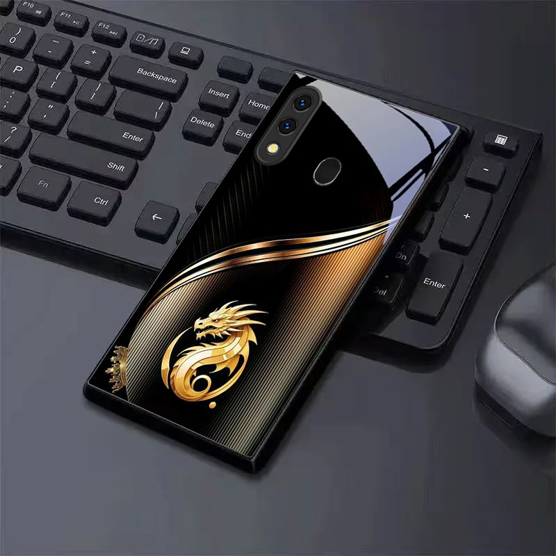 Golden Oriental Dragon Black Glass Phone Case For Samsung A70 A71 A72 A73 A8s A51 A56 A55 A54 A35 A34 A32 A30 A26 A25 A24 Cover