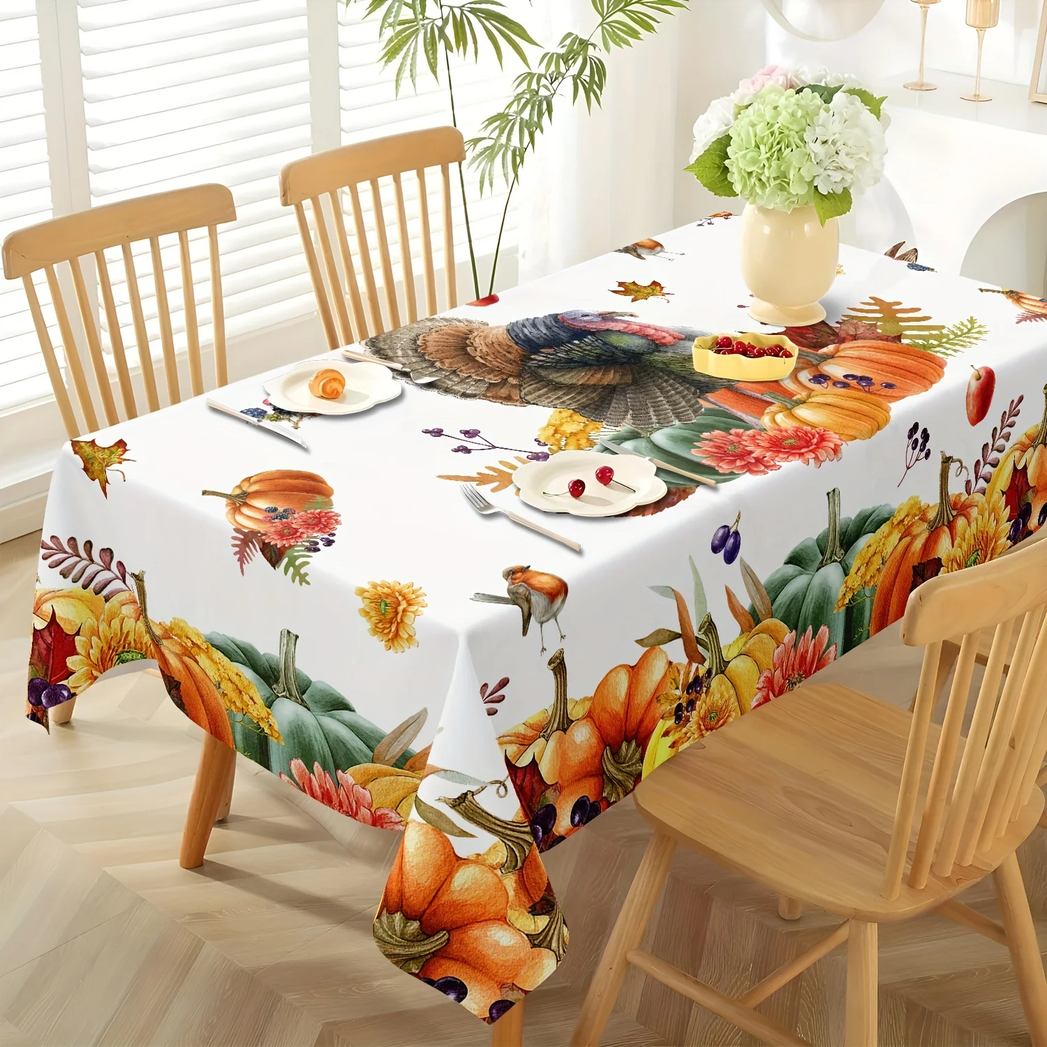 1 piece of vintage Thanksgiving pumpkin and turkey tablecloth, harvest and fruit/vegetable tableclothzyc