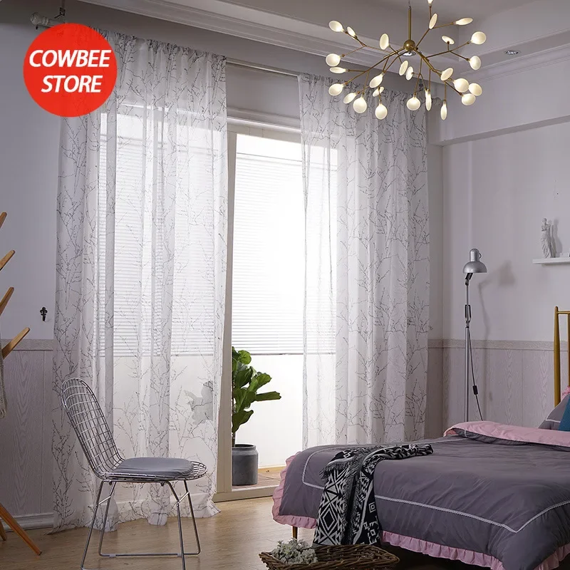 Asian Minimalist Style Branch Linen Tulle Curtains for Living Room Bedroom Balcony Window Screen Gauze