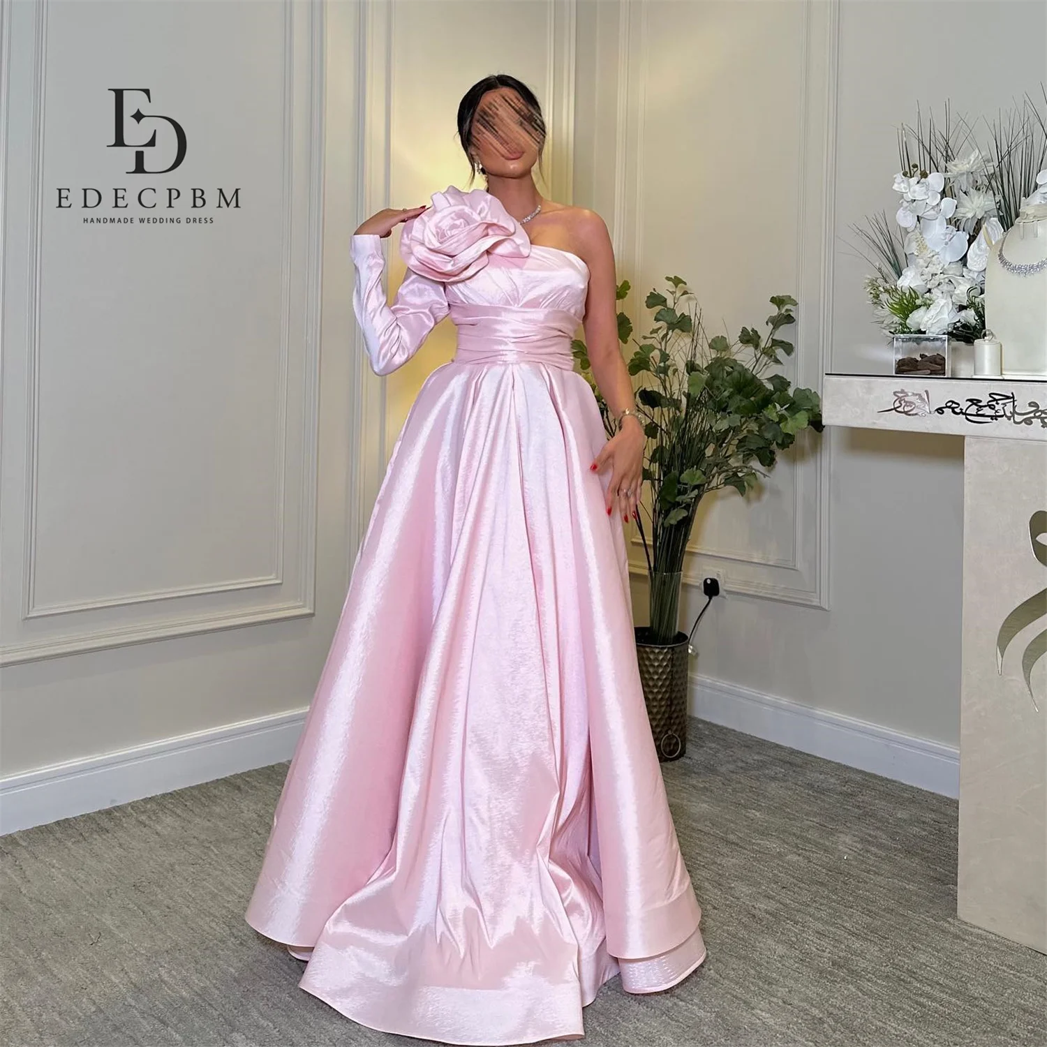 EDECPBM エレガントなパーティードレス 2025 イブニングドレス レディース プロムドレス ピンク サテン カスタムメイド ワンショルダー イブニングドレス