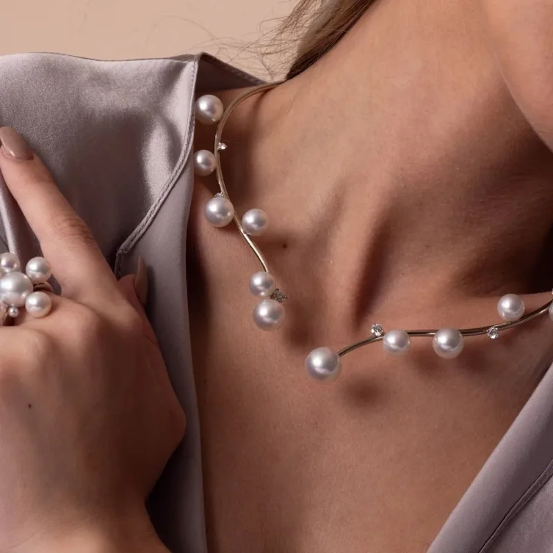 

Elegant Adjustable Pearl Open Choker Necklace Gold Silver Plated Cubic Zirconia Collar For Women Wedding Party Daily Statement