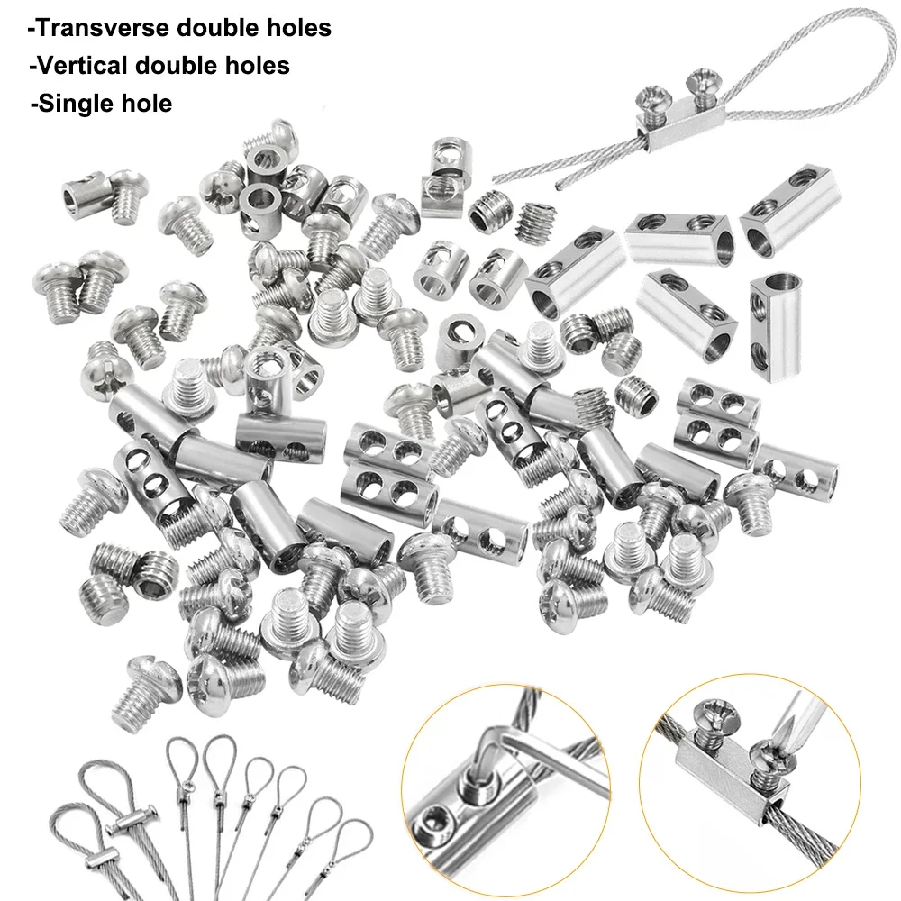 304 corda de fio de aço inoxidável fivelas de furo único/duplo clipe kit de suspensão de corda de luz conjunto de cerca de jardim (conjunto de 5 metros) pendurado