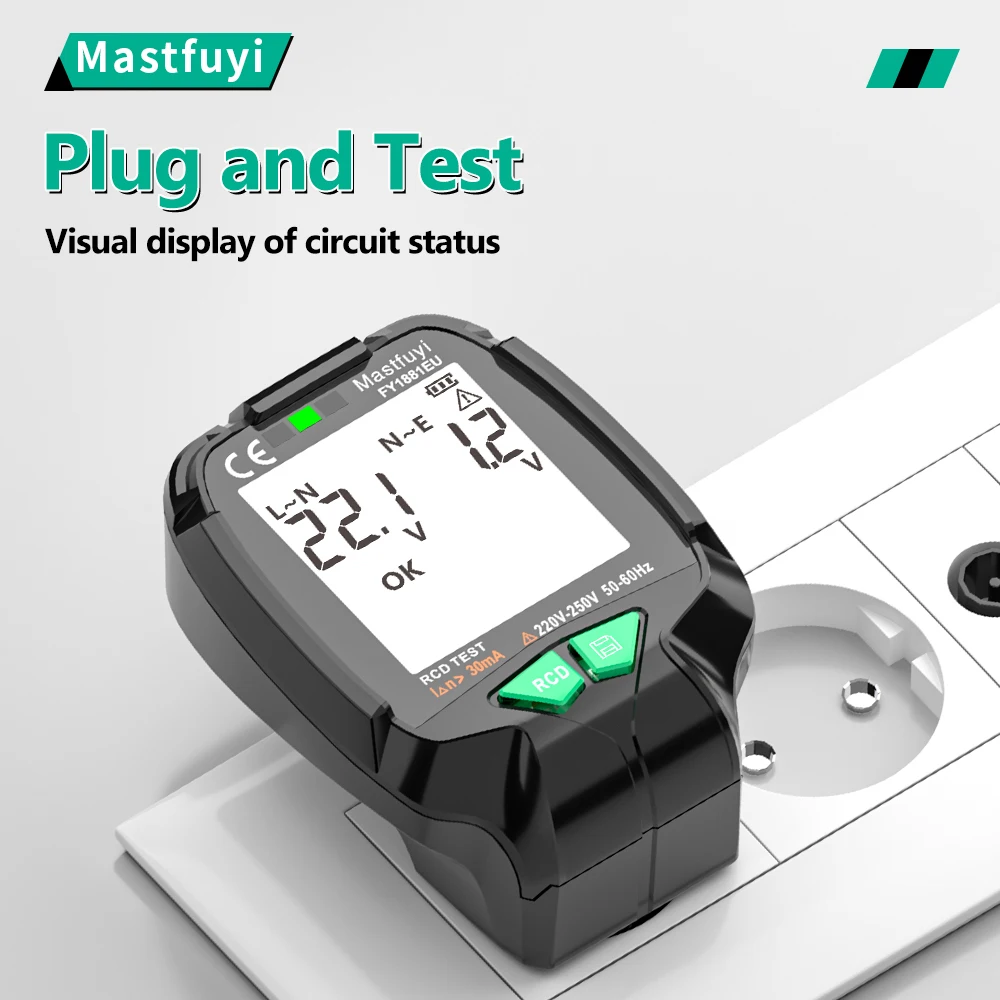 MASTFUYI FY1881 Socket Tester Voltage Test Digital Outlet Socket Detect US/UK/EU Plug Ground Zero Line Plug Polarity Phase Check