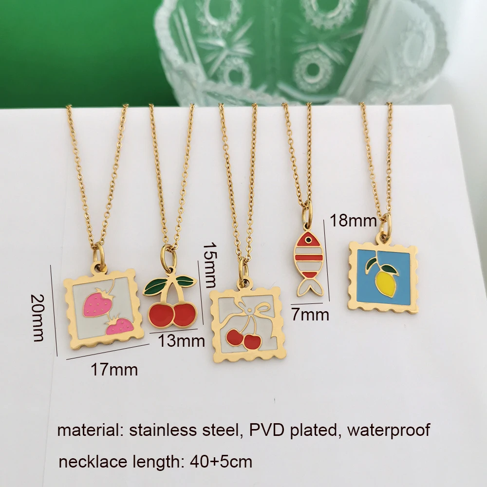 QMHJE Anhänger Halskette Frauen Edelstahl Erdbeere Kirsche Fisch Zitrone Schlanke Kette Halsband Gold Farbe Wasserdicht Großhandel – Detail 1