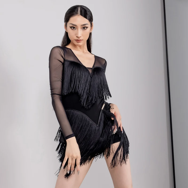 2024 New Women Mesh Sleeves Latin Dance Performance Dress Adults Chacha Samba Full Fringed Suits Stage Performance Wear DW10259