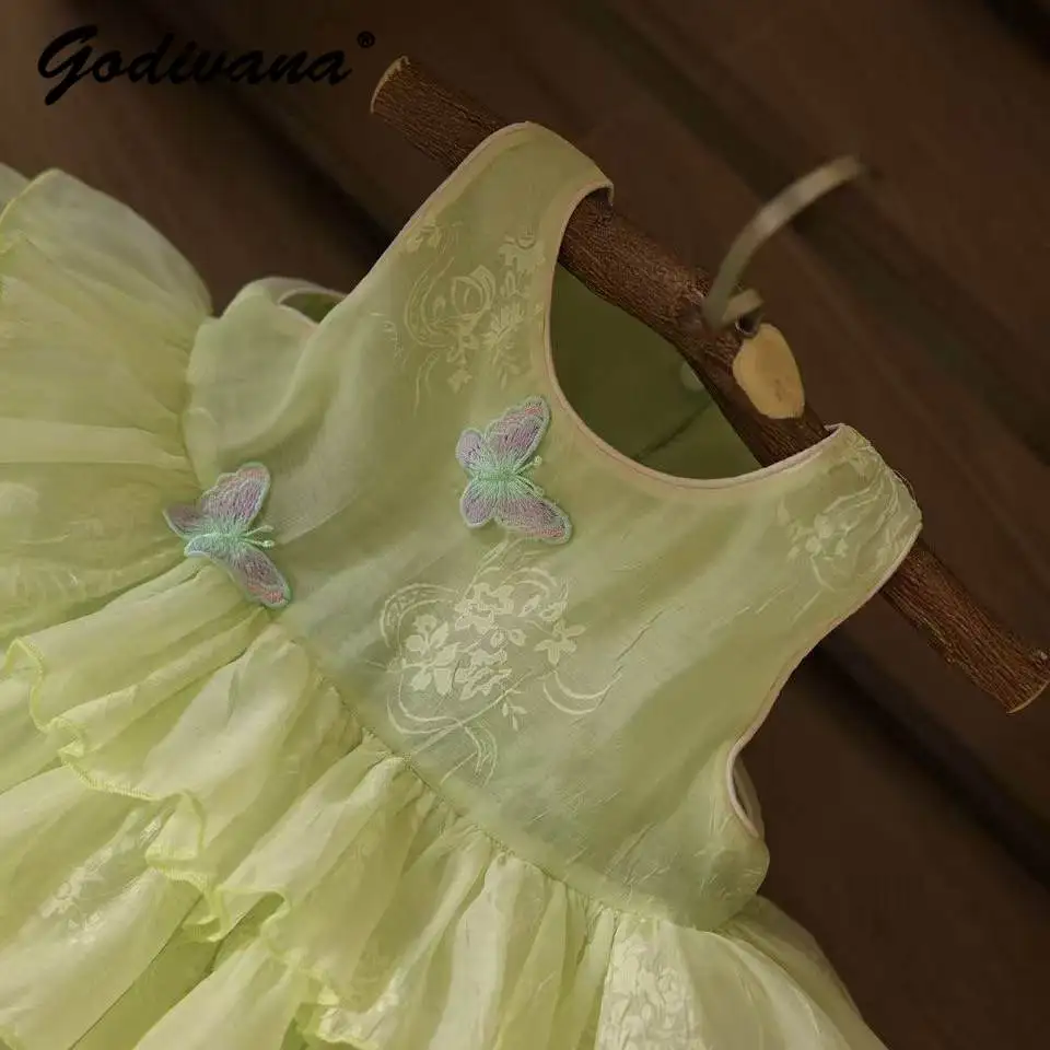 Original Sweet Baby Girls Princess Cake Sundress 2026 Summer New Sleeveless Green Butterfly Tulle Daily Casual Party Tutu Gown