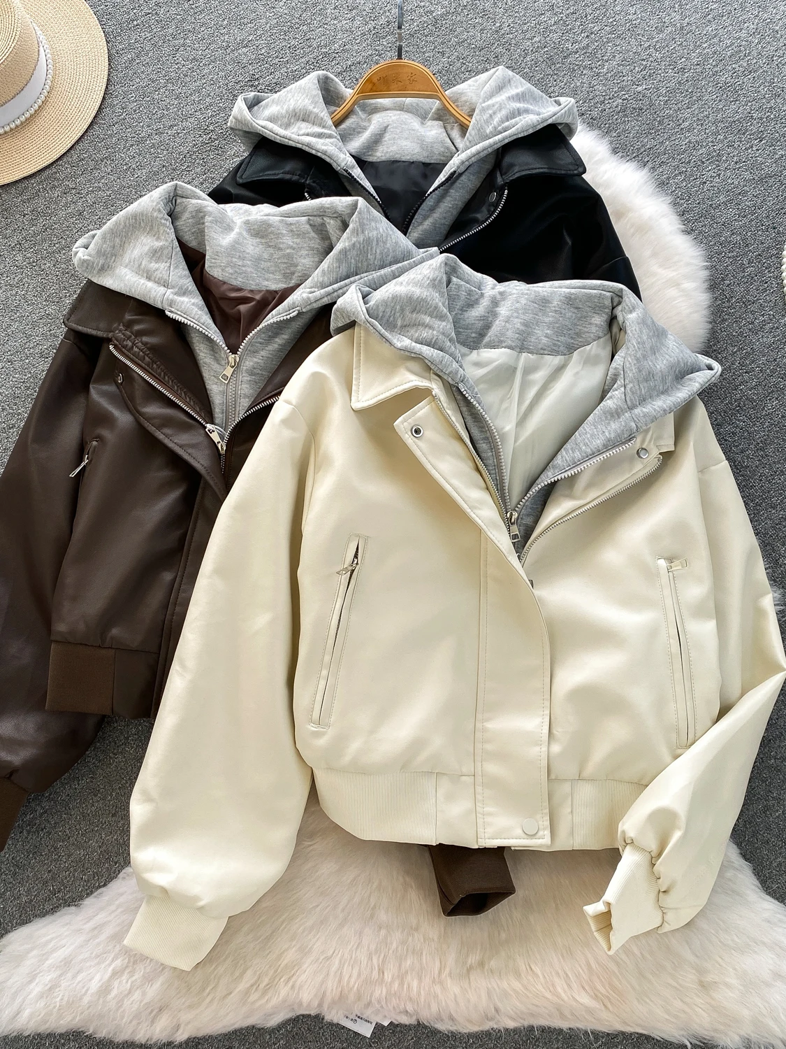 

Байкерский джет из искусственной кожи для похудения с капюшоном для женщин, повседневная свободная одежда кофейного цвета, осенне-зимняя модная верхняя одежда