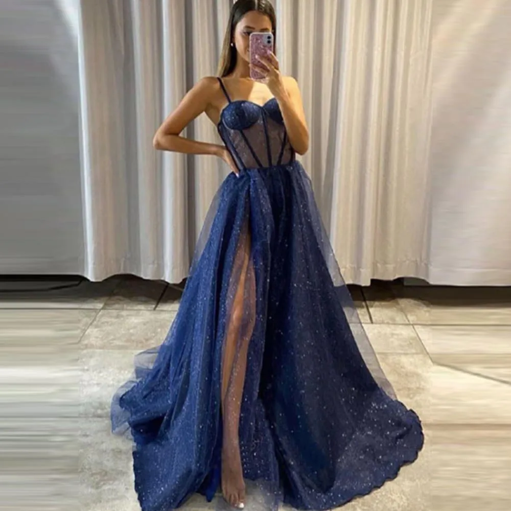 

Sequined Evening Dresses A-Line Sweetheart Prom Dress Spaghetti Straps High Side Slit 2022 For Celebrity Party Gowns Robe Soirée