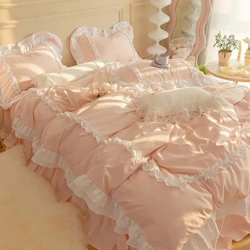 INS Korean Princess Style Bedding Kawaii Ruffle Lace Bed Skirt Duvet Cover Solid Color Queen Size For Girls Woman Home Textiles