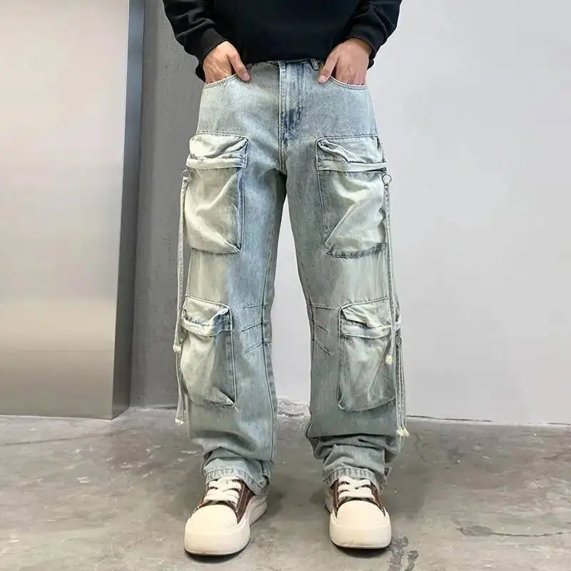 Pantaloni in denim cargo multitasche da uomo autunnali Pantaloni jeans larghi a gamba dritta Pantaloni in denim da lavoro da strada alta Y2K Streetwear