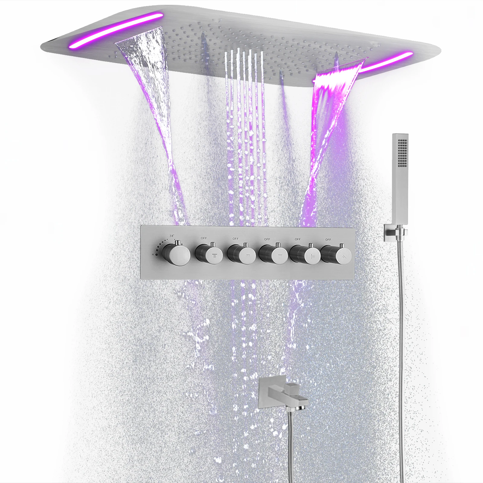 Brushed Nickel 71x43cm LED constant temperature shower dragon head ceiling rain pillar shower head system kit