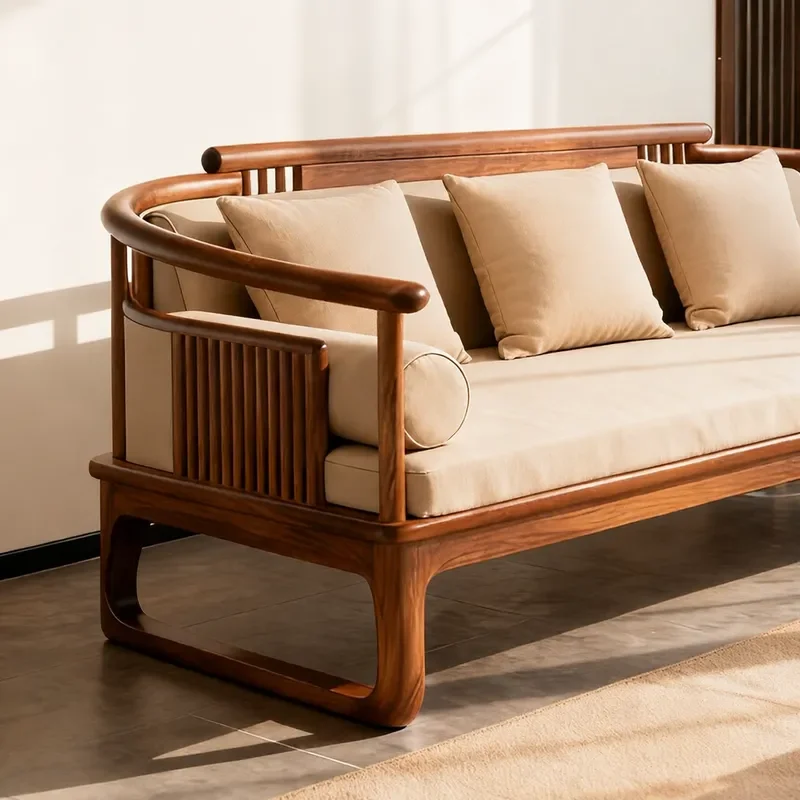 New Chinese Style Solid Wood Sofa Straight Row Living Room Furniture Cotton Linen Fabric Combination Customizable
