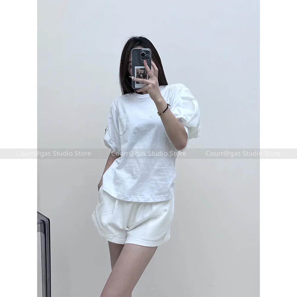 

Niche design simple casual splicing zipper pocket bubble sleeve t-shirt women 2024 summer new