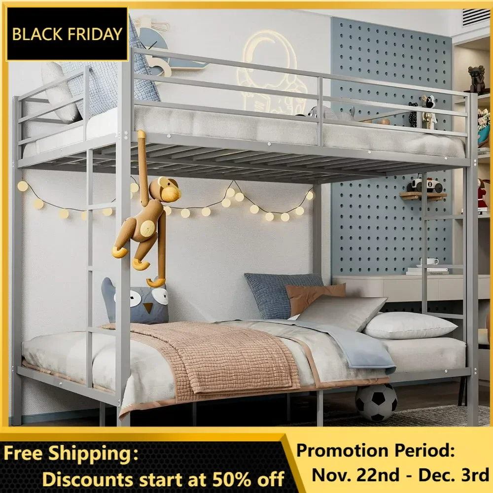 Metal Bunk Beds, Heavy Duty Full Size Bunk Bed Frame with 2 Built-in Ladders, Safety Guard Rail, Space-Saving Design, Loft Bed