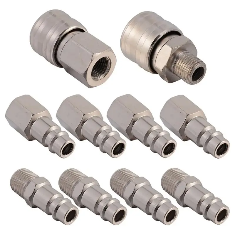

ABFU-German-Style Air Compressor Quick Connect Hose Fittings 10Pcs Nickel-Plated Iron 1/4" Pneumatic Hose Connectors For Tool