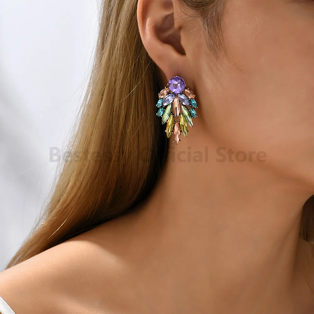 Elegant Multicolour Geometric Earrings For Women Rhinestones Luxurious Charm Fashionable Jewelry Popular Accessories Wholesale