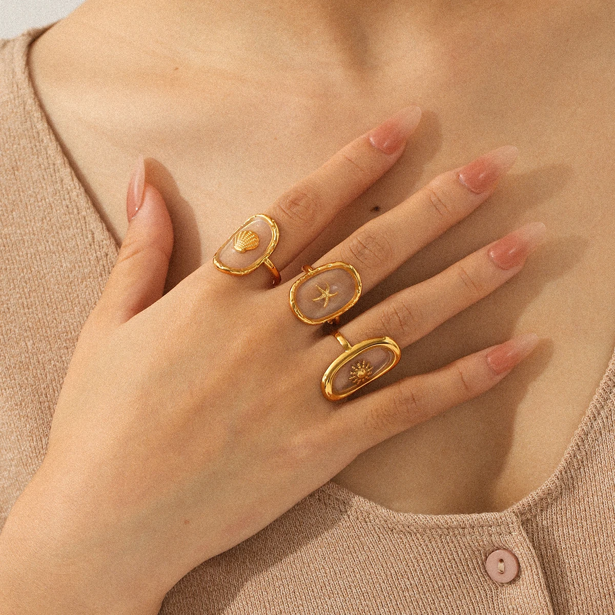 황차오 오벌 18k 금도금 스테인리스 스틸 반지 럭셔리 오션 스타일 주얼리 럭셔리 참 주얼리 액세서리 여성용 선물