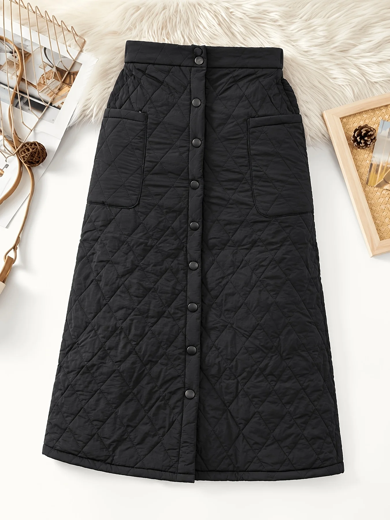 Women's Diamond Quilted Midi Skirt, Winter Warm Single Breasted Straight Skirt With Pockets
