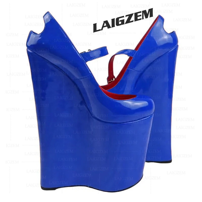 DOHBANER Women Sandals 15CM Platform Wedges 25CM High Heels Pumps Round Toe Shiny Height Increase Shoes Woman Big Size 43 45 48