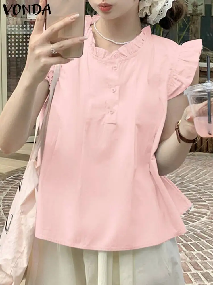 2024 Summer Tops VONDA Women Ruffled Blouse Short Sleeve Shirts Fashion Casual Tunic Solid Color Elegant Street Blusas Femininas