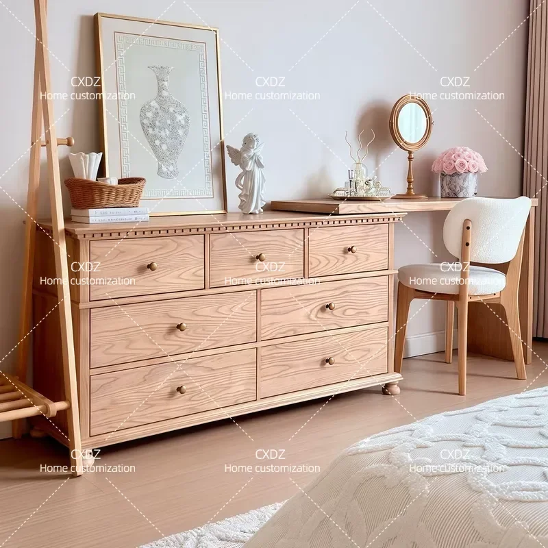 Retro Solid Wood Dresser Chest Integrated Master Bedroom Bedside Storage Cabinet Side Cabinet Retractable Makeup Table