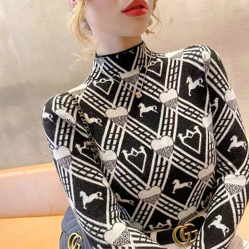 Early Spring Love Striped Jacquard Slim Sweaters Women Y2k Soft Elastic Vintage Knitted Pullovers Female Fashion Inside Knitwear