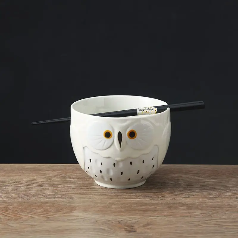 Japanese Owl Chopstick Bowl Single Tableware Household Instant Noodles with Perforated Ceramic Simple Rice Bowl