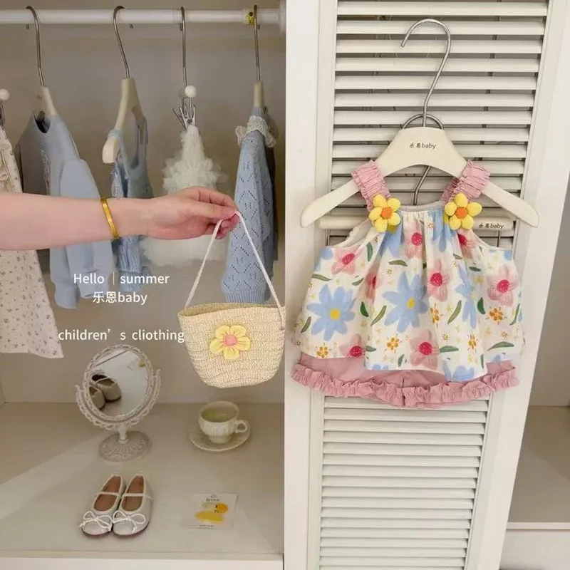 2026 New Summer Girls Floral Cami 2 PCS Set Cute Flower Tank Top & Shorts Outfit for Toddler Kids for 80-130cm