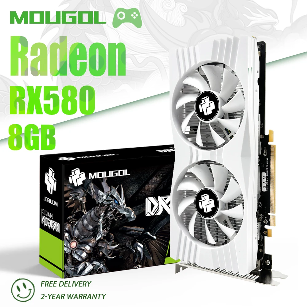 MOUGOL New Video Card AMD Radeon RX580 8GB 2048SP White Gaming Graphics Card GDDR5 256Bit GPU for Desktop Computer In Brazil