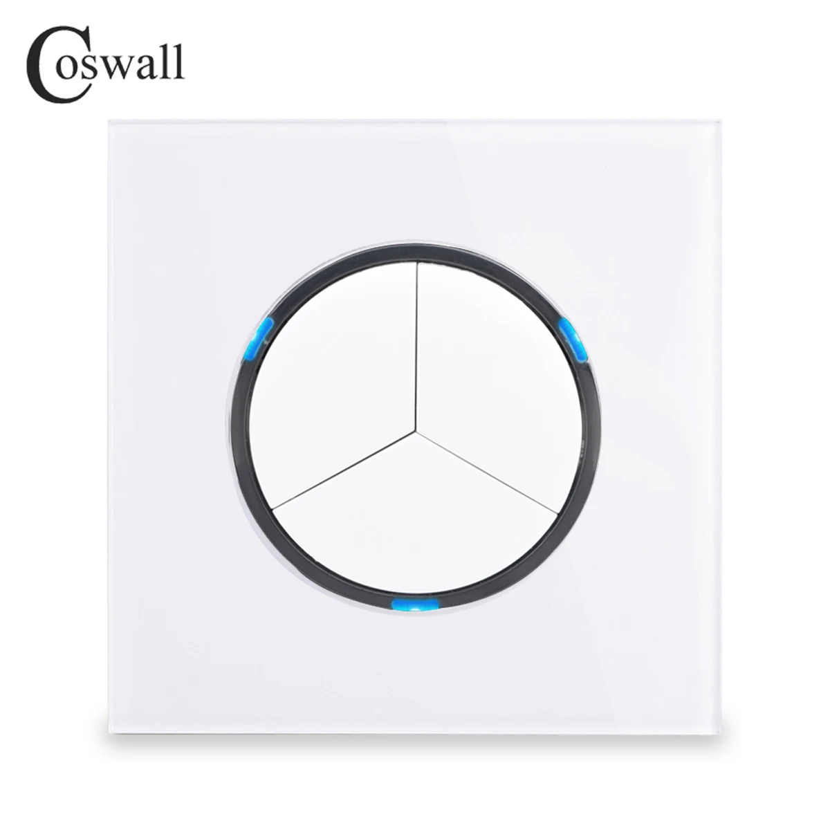 Coswall Crystal Glass Panel 3 Gang 1 Way Round Key Random Click Push On / Off Wall Light Switch With Blue Backlight R11 Series