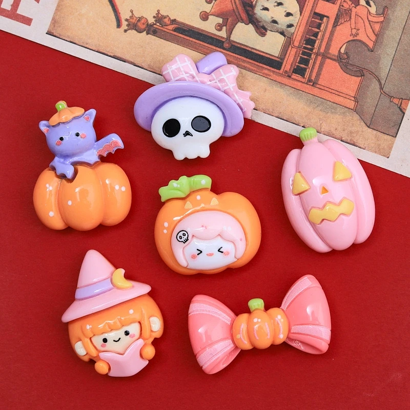 10Pcs New Cute Halloween Pumpkin Ghost Cat Series Flat Back Resin Cabochons Scrapbooking DIY Jewelry Craft Decoration Accessorie