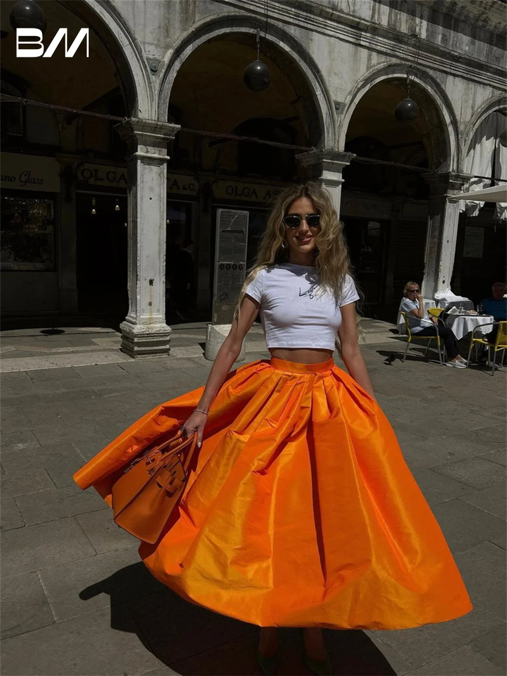 

Women's Mid Calf Pleated Puffy Skirt, Elegant Satin Skirt, Ankle Length, Female, Prom, Wedding Party, Orange Customized