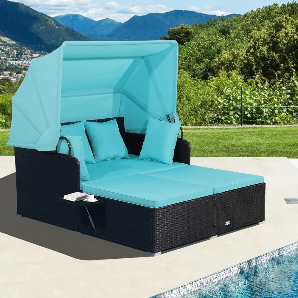 Outdoor Loungers with Retractable Canopy, Patiojoy Wicker with 2 Foldable Side Panels, Thick Seat & Back Cushions, Sun Loungers