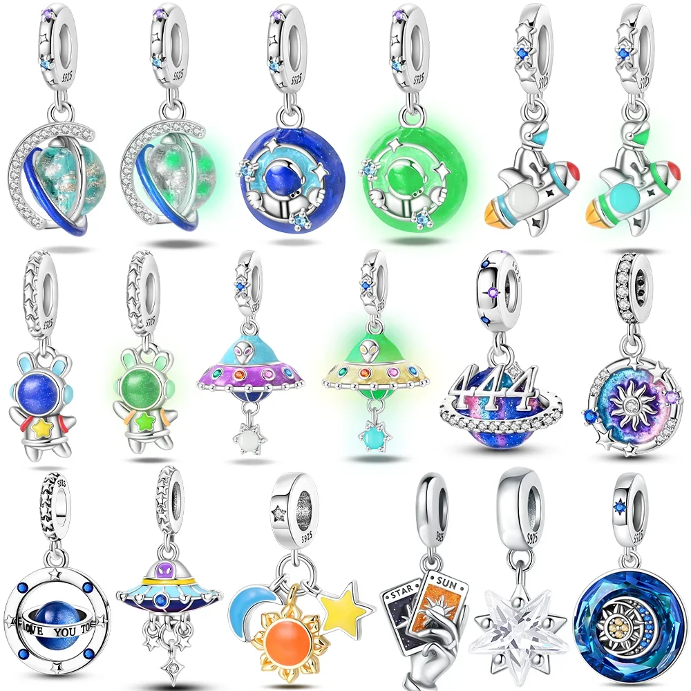 

Exquisite Charms 925 Silver Original Astronauts' Night-Light Solar Rocket Moon Stars Beads Fit Bracelet Women Jewelry Diy Gift