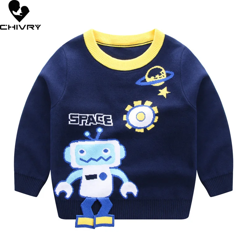 New Autumn Winter Kids Pullover Sweater Baby Boys Cartoon Robot Jacquard O-neck Knitted Jumper Sweaters Tops Children Clothing