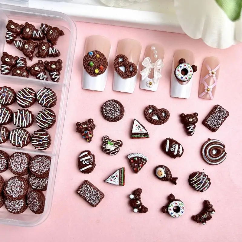 1Box Simulated Chocolate Bean Cookies Nail Art Decorations 3D Resin Cartoon Bear Head Bread Ice Cream Nail Charms DIY Manicure