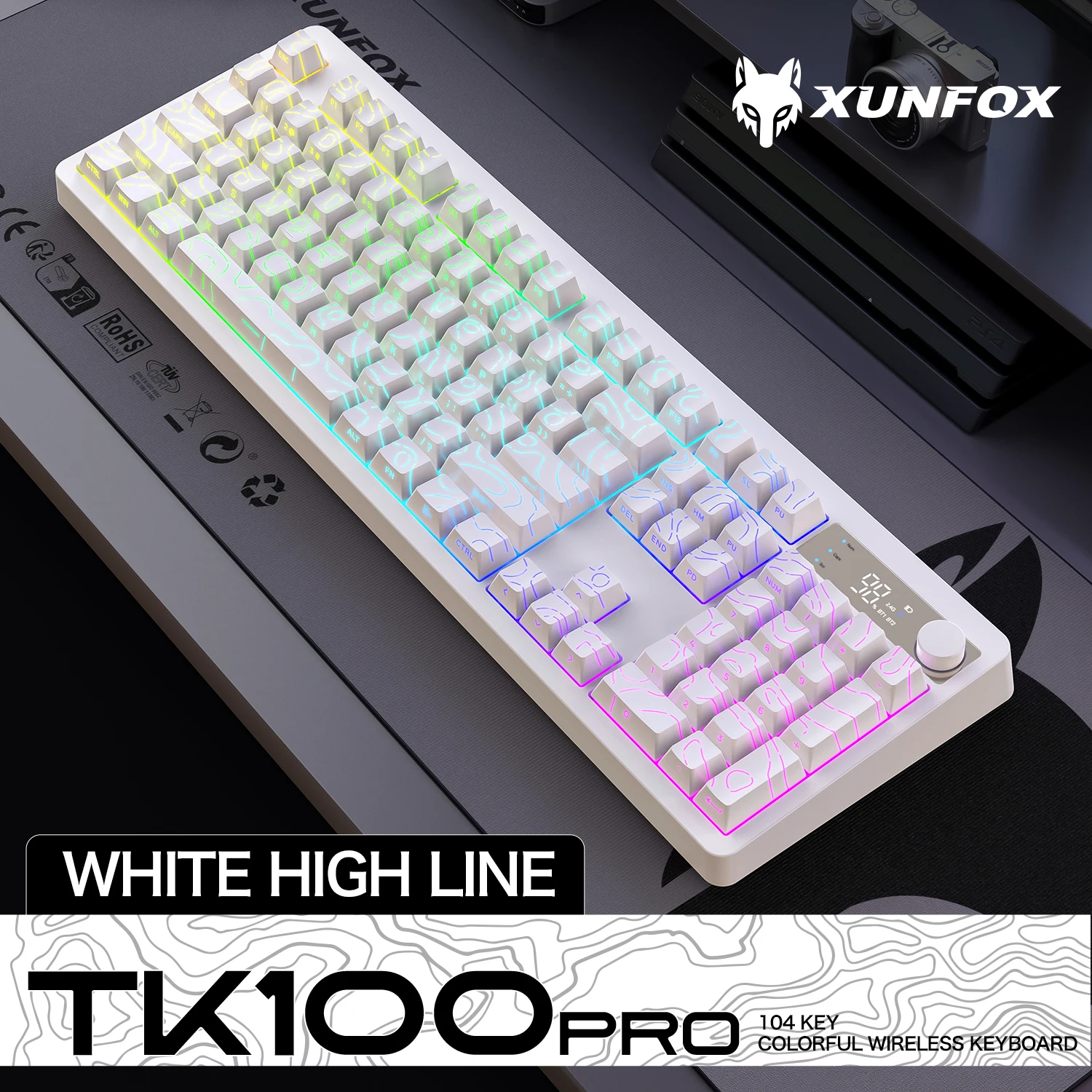 TK100 wireless Bluetooth wired triple-mode mechanical feel keyboard with high-definition display, rotary knob and RGB lighting