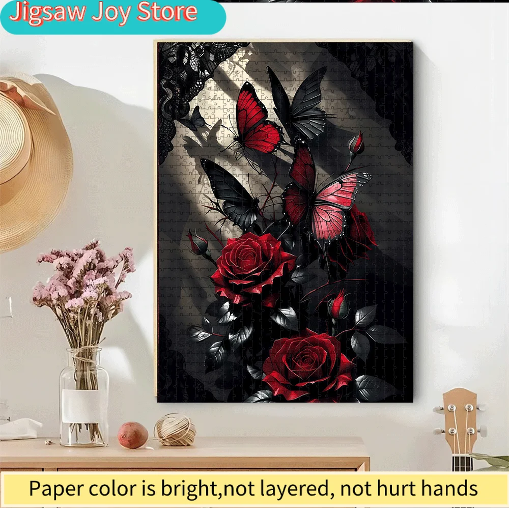 1000/500pcs Butterfly & Rose Jigsaw Puzzle for & Families - Large Jigsaw Challenge with Black/Red/Pink/White/Green/Burgundy Pi