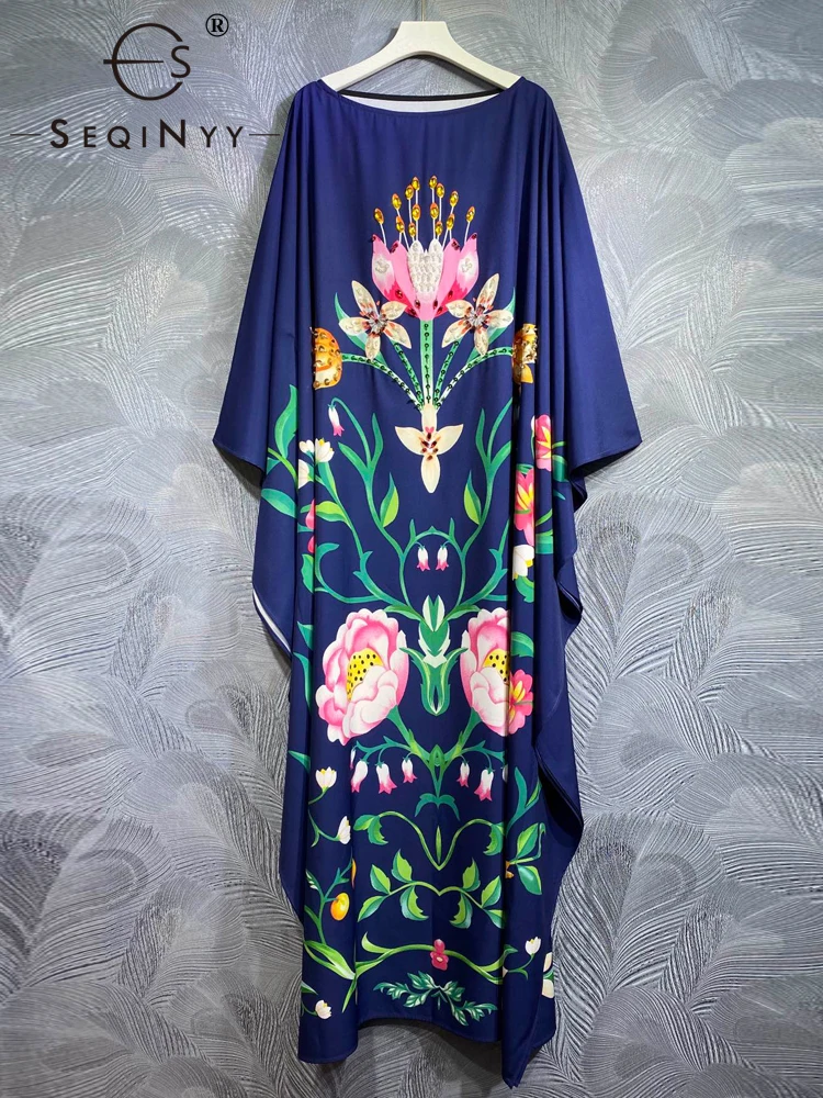 

SEQINYY Elegant Long Dress Dark Blue Summer Spring New Fashion Design Women Runway Half Flare Sleeve Bead Vintage Flower Print