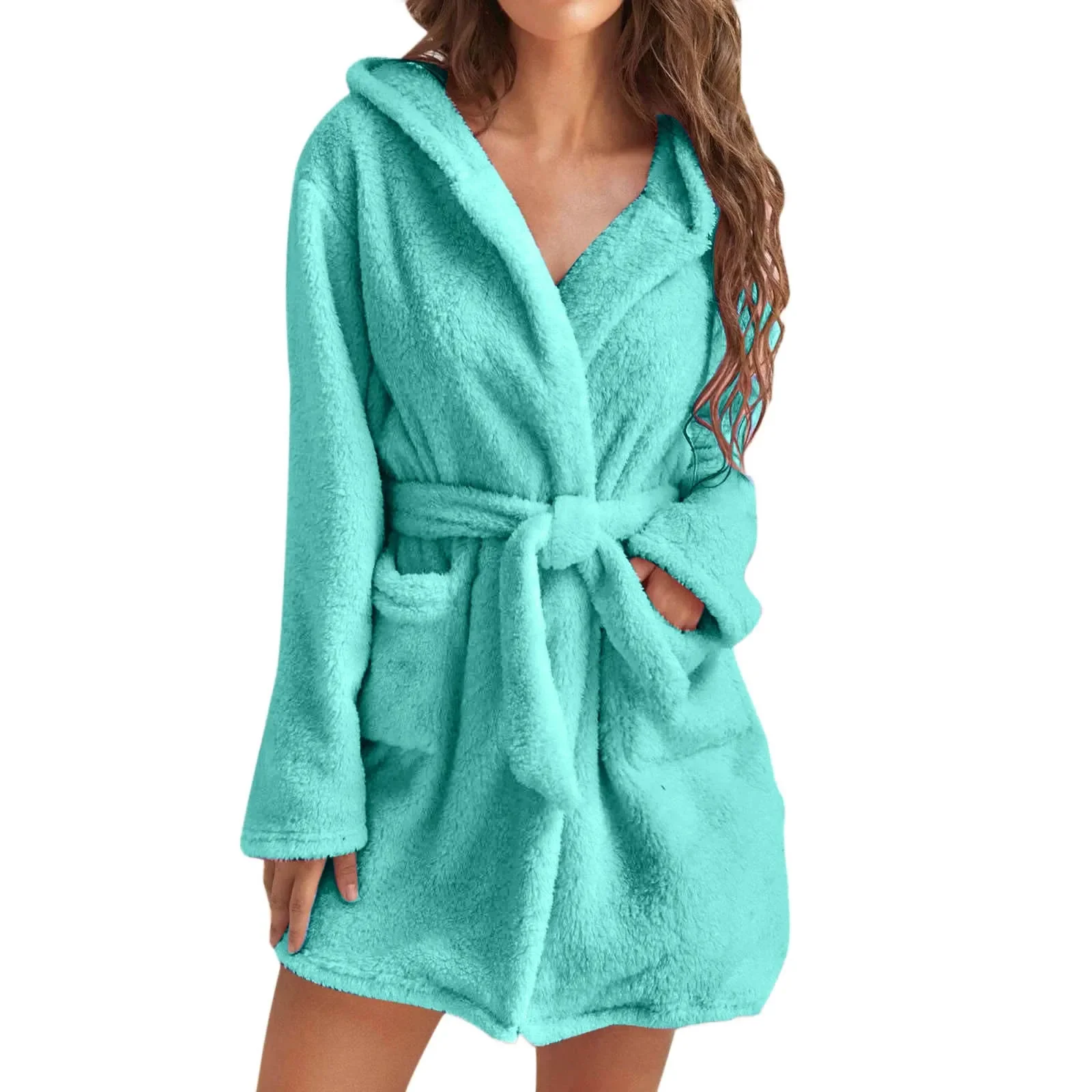 Soid Color Warm Winter Robes for Ladies 2022 Plush Pajamas Robes with Belt Women Hooded Homewear Bathrobe Sleepwear Women