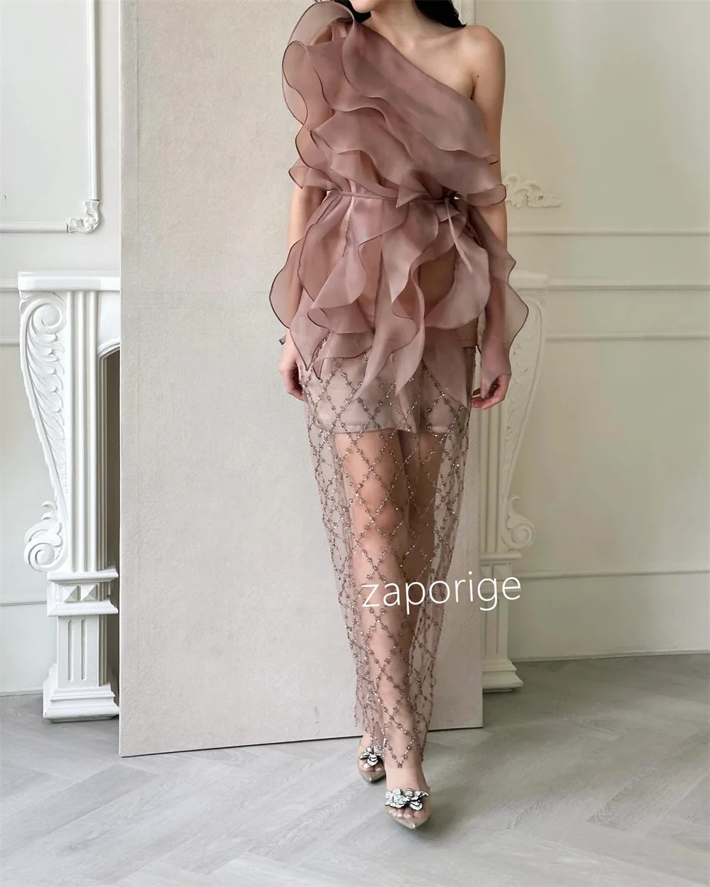 Customized Matching Chiffon Sequined Ruffle Straight One-shoulder Midi Dresses Bespoke Occasion Dresses Exquisite