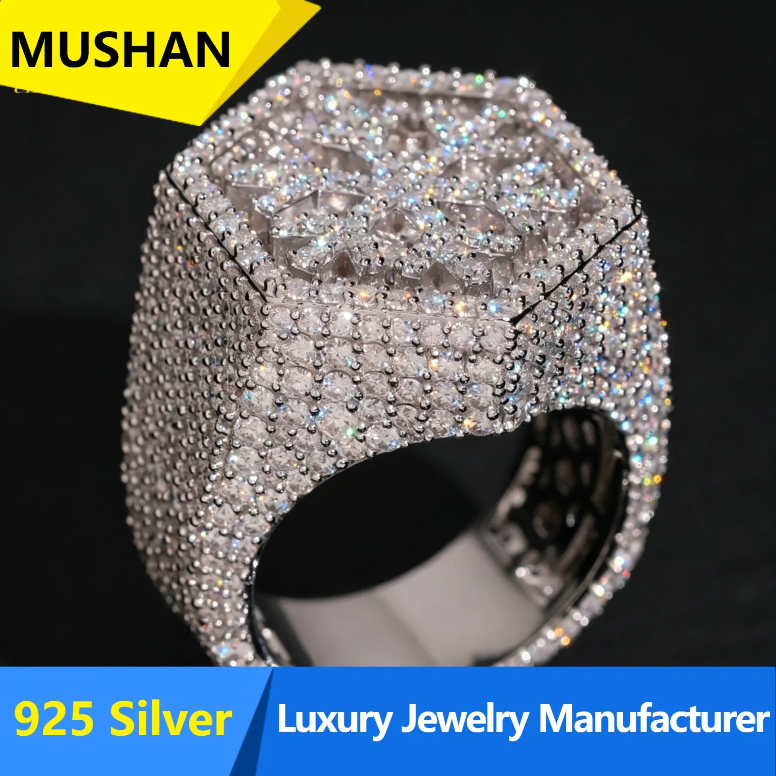 MUSHAN Luxury 925 Sterling Silver Factory Full Set Design Hexagonal Snowflake Hip Hop Ring S925 Silver Set VVS Moissanite