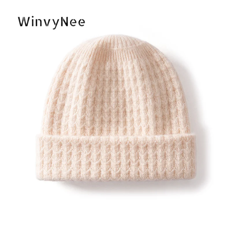 WinvyNee Women 100% Wool Butterfly Pattern Double Layer Beanie Ribbed Knit Cap Autumn Winter Thick Warm Cuffed Soft Cap I1883048