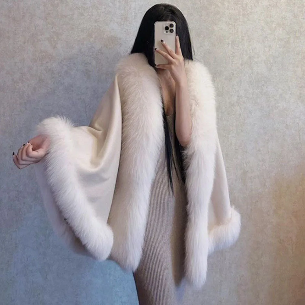 Autumn Winter Luxury Ponchos Women\'s Woolen Fox Fur Shawl Fashion Quality Cape Outwear Imitation Fur Coat Elegant Cardigan Cloak