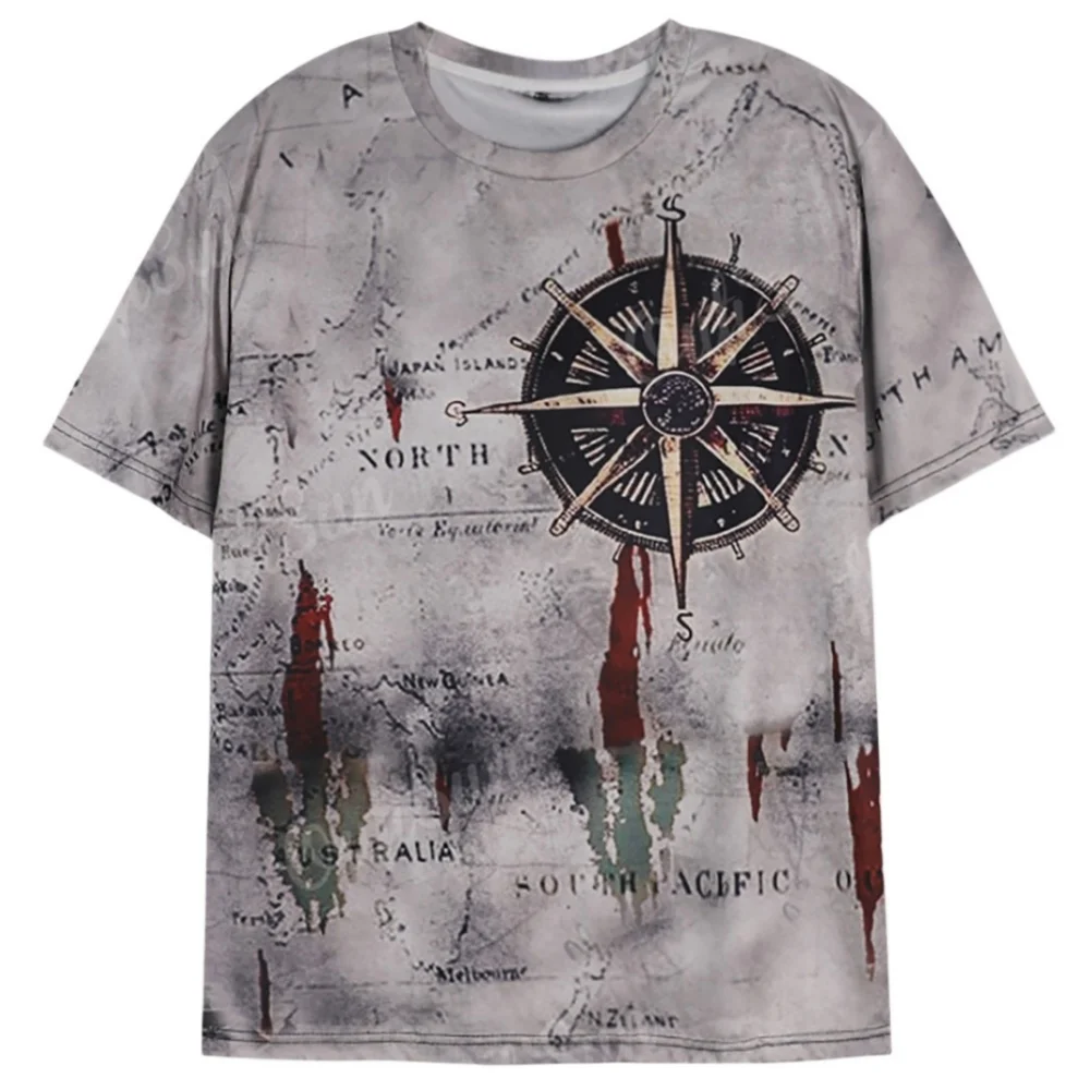 Men's Vintage Nautical Map Compass Print T-Shirt Summer Daily Loose Short Sleeve Tee Tops Casual Street Unisex Clothing Apparel