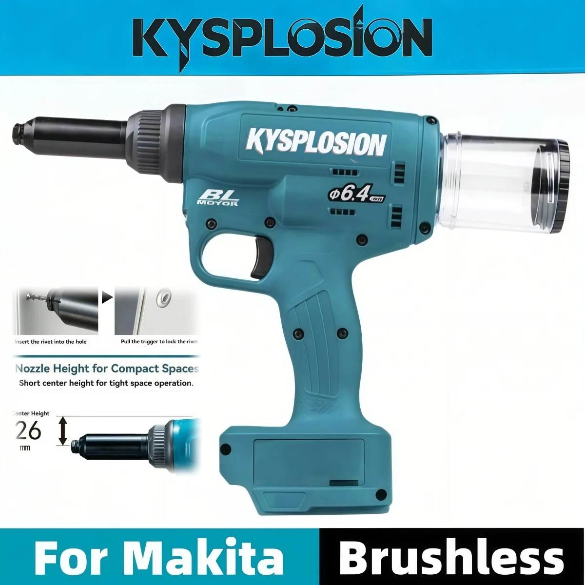 20KN High Pull Force 64mm Stroke Brushless Cordless Industrial Rivet Gun Electric Riveting Tool Compatible with Makita 18V Batte