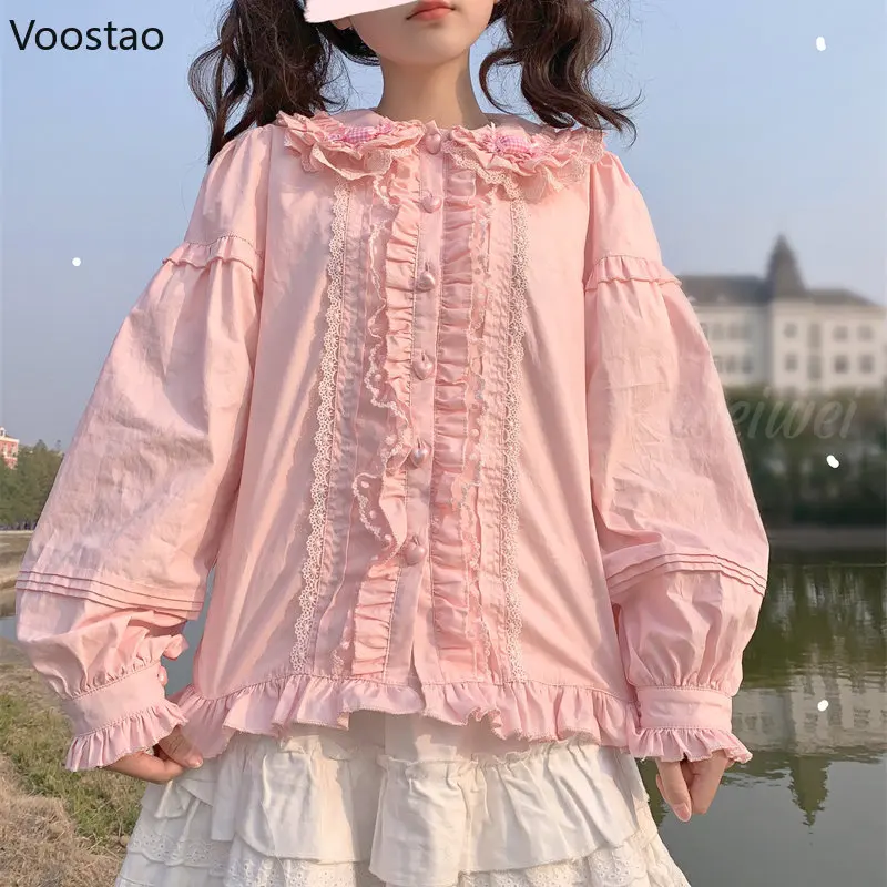 Blus Lolita Lucu Jepang Wanita Kawaii Permen Peter Pan Kerah JK Kemeja Atasan Anak Perempuan Manis Renda Lengan Puff Blus Chic