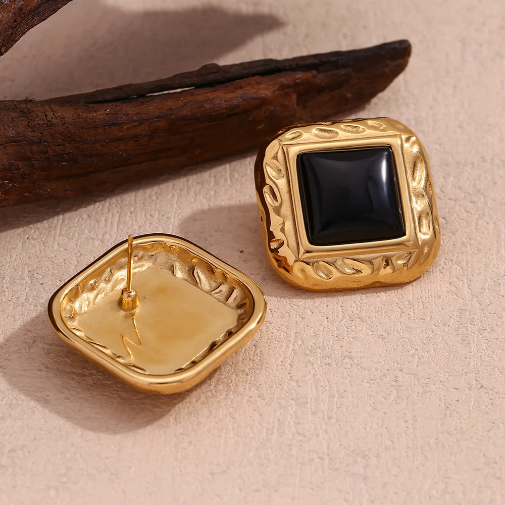 أقراط بيان الحجر الأسود من الفولاذ المقاوم للصدأ عيار 18 قيراط مطلية بالذهب PVD للنساء هدية بيجو فام - مجوهرات معدنية ذهبية #6